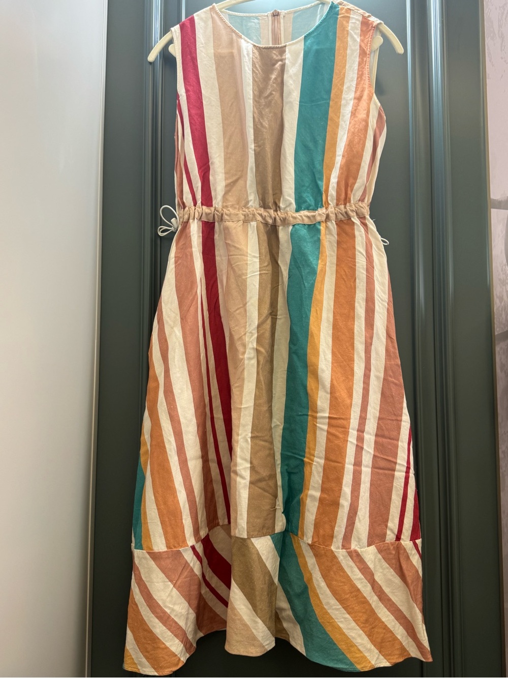 Striped Sleeveless Drawstring Midi Dress in Multicolor